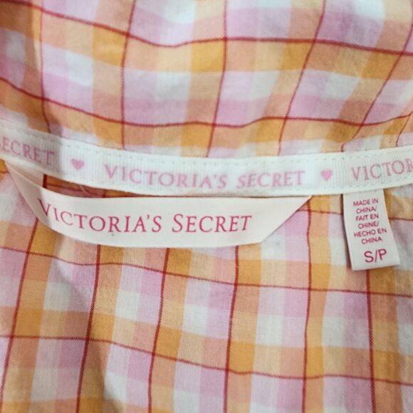 Victoria's Secret Pajama Top Small Mayfair Button Pink Orange Plaid Check PJ - Picture 8 of 12